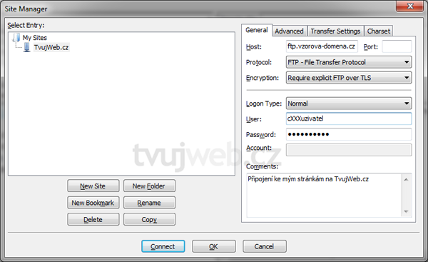 Náopvěda TvujWeb.cz - FTP - FileZilla