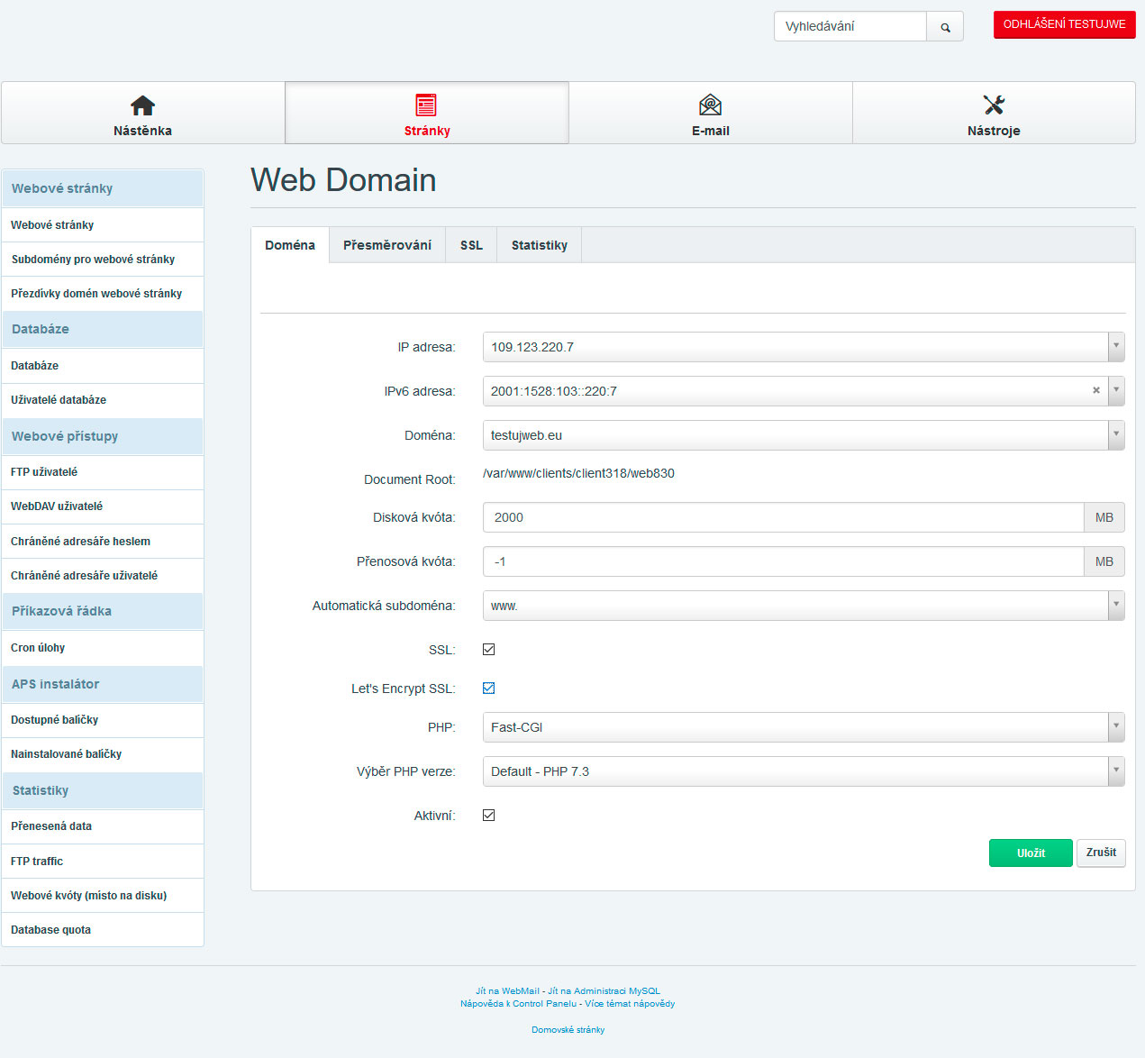Nápověda TvujWeb.cz Let's Encrypt - výběr stránky