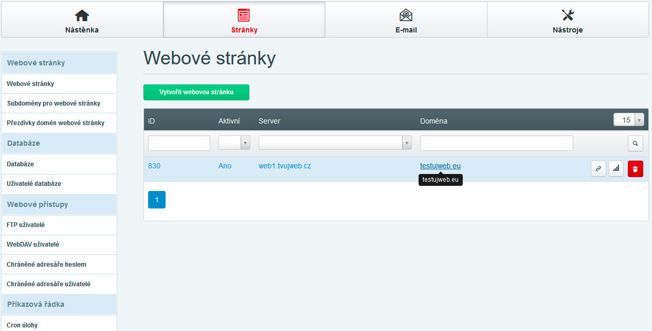 Nápověda TvujWeb.cz Let's Encrypt - výběr stránky