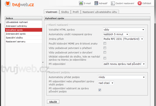 Nápověda TvujWeb.CZ  - WEBMAIL